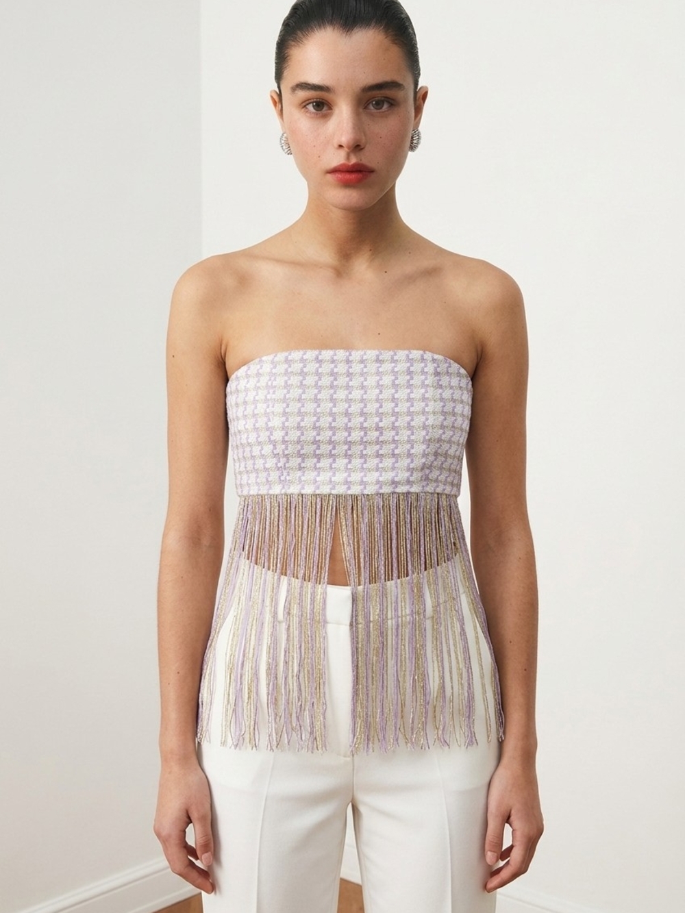 LF Lilac and Gold Tweed Strapless Fringe Crop Top